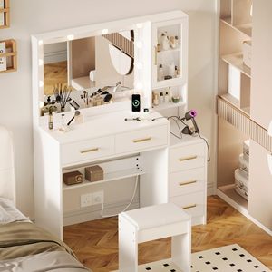 SENYU En gros Coiffeuse de style rustique en panneau de chêne blanc avec 5 tiroirs, station de charge, miroir éclairé et rangement - Product Image 2