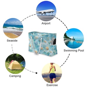 Custom Print Logo Beach Bag Tote Bag Women Nylon Summer Blue Sea Shells Design Extra Large Weekender Bag with Rope Handle - Product Image 4