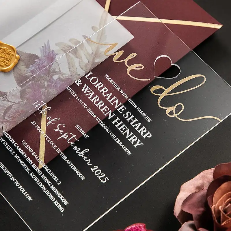 ロゴと言葉が刻まれた結婚式のための2020カスタムカラーアクリル結婚式招待状