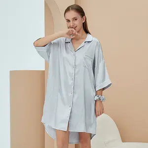 Camisa noite de cetim para mulheres, alta qualidade, manga curta, simples, roupa de dormir