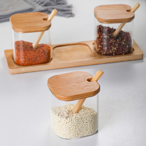 Bambus-und Holz abdeckung Borosilikatglas-Gewürz glas Küchengewürzglas-<span class=keywords><strong>Set</strong></span> mit Holz löffel - Product Image 5