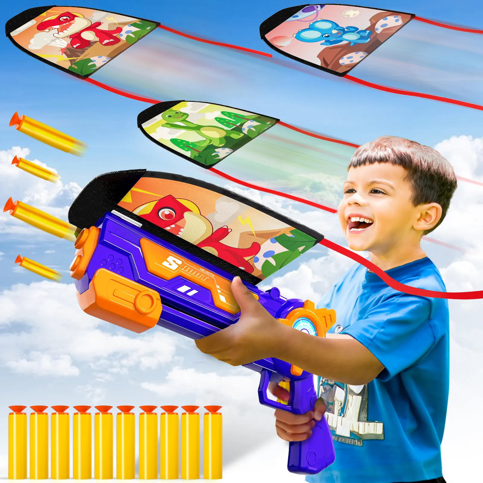 TEMI Kids Kite Launcher Toys 1 Toy Gun 3 Kites 10 Darts, Outdoor Flying Toys, Christmas Birthday Gift Summer Toys