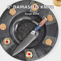 Couteau de chef Damas de 8 pouces, manche en bois de résine, acier au carbone japonais VG-10, ambidextre, passe au lave-vaisselle, couteau de cuisine