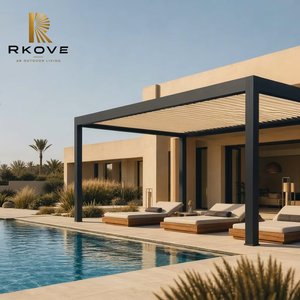 Pérgola moderna de aluminio RKOVE RK-C1 con techo de lamas, estructura rectangular con marco negro para sombra de piscina exterior, con luz LED - Product Image 4