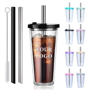 Gobelets en plastique double paroi promotionnels transfrontaliers avec couvercle et paille, bouteille d'eau transparente en plastique 16OZ, gobelet à boisson avec logo - Product Image 1