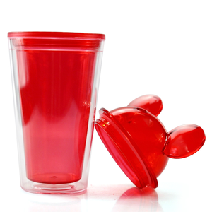 批发可重复使用的双壁夏季透明塑料丙烯酸水杯16盎司鼠标耳盖带吸管的不倒翁杯 - Product Image 3