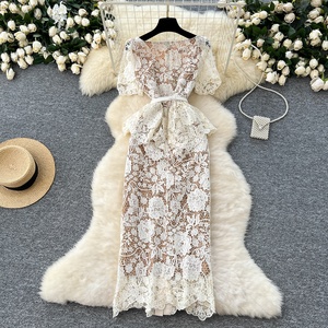 Vestidos de encaje con aberturas y manga corta, elegantes y con diamantes, estilo francés para mujer - Product Image 4