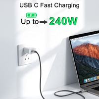 Kabel Data Type-C PD 240W 5A Nylon Braided E-mark 100W USB C ke USB C PD Pengisian Cepat untuk iPhone 16 18 Mac Laptop Samsung
