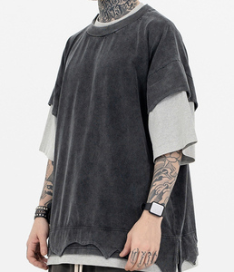 2025 nuova primavera ed estate per realizzare vecchie t-shirt <span class=keywords><strong>a</strong></span> maniche corte Color doppio strato Retro con Splicing pesante - Product Image 3