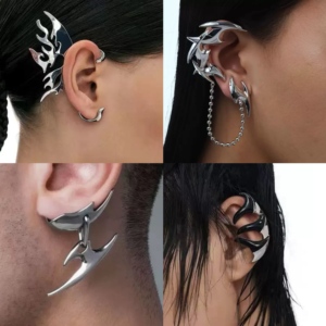 Orecchini a clip Y2K in metallo liquido con orecchino a polsino a forma di elfo, catena lunga a nappa con fiamma punk, gioielli futuristici gotici per feste - Product Image 1