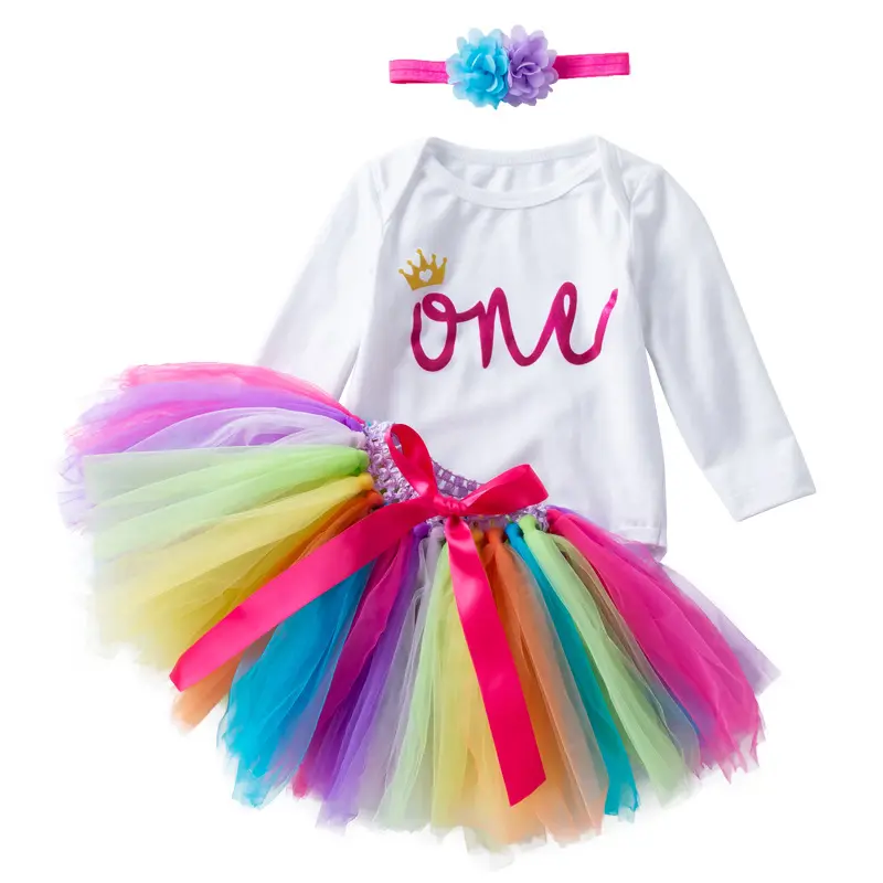 Rainbow 1st First Birthday Boutique Custom Dress Printing Outfit 1 Year Baby Girl Birthday Dresses with Headband