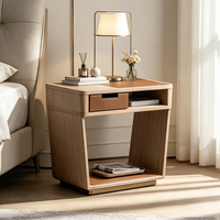 Table de chevet minimaliste en bois, placage chêne clair, avec plateau et étagère inférieures en cuir, table d'appoint moderne pour chambre à coucher