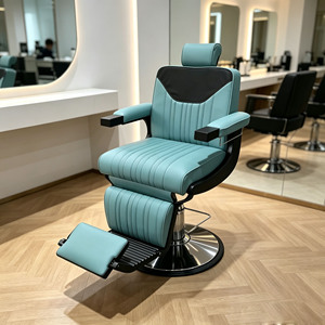 Green Modern <b>Reclining</b> Barber <b>Chair</b> Hydraulic Salon Styling <b>Chair</b> Massage Backrest Upholstered Adjustable Footrest Barber Shop - Product Image 5