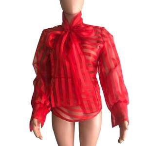 Camisa de oficina para mujer, nueva blusa de primavera, <span class=keywords><strong>moda</strong></span>, ocio, lazo, oficina, damas, negra, roja, malla, manga larga, tops a rayas - Product Image 6