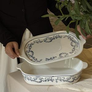 Plat à four en céramique bleu floral vintage de luxe français avec couvercle, résistant au four, pour hôtels et usage domestique - Product Image 6