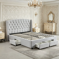 Lit double Queen Size en cuir blanc de style français avec tête de lit en tissu et tiroirs de rangement intégrés, idéal pour les villas et appartements