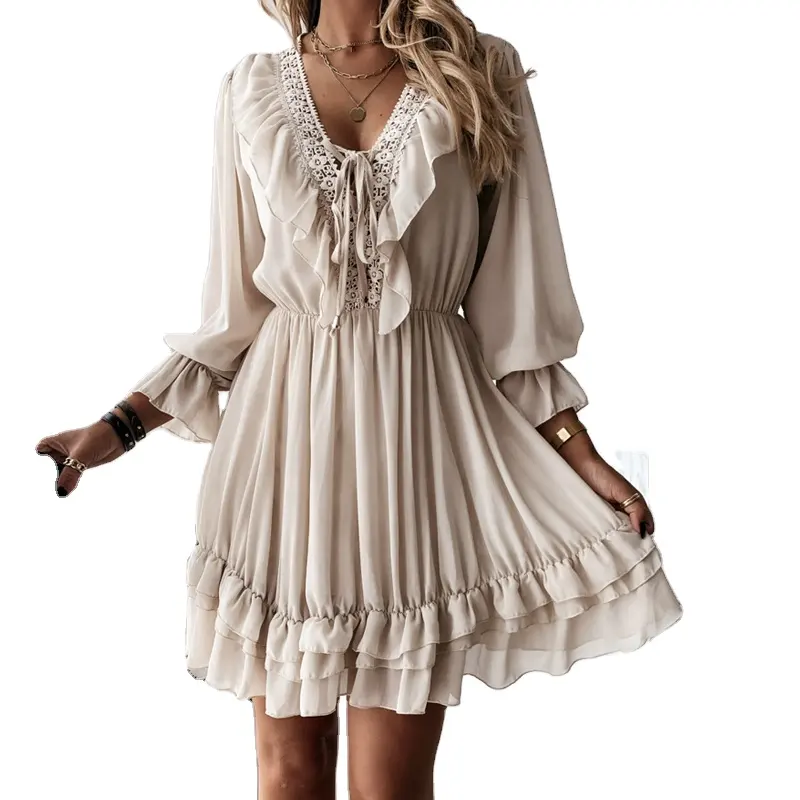 2023 Spring Sweet Lace Up Elegant Long Sleeve Ruffle Chiffon V Neck Women Mini Dress