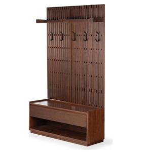 Appendiabiti Moderno in Legno di <span class=keywords><strong>Noce</strong></span> con Ganci in Ferro e Panca, Attaccapanni con Rivestimento in Impiallacciatura Nera, Organizzatore per Ingresso e Soggiorno - Product Image 6