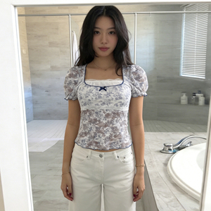 Camiseta de punto transpirable y ecológica con cuello cuadrado y manga corta, diseño floral y bloques de color, para mujer, estilo casual, verano 2026 - Product Image 4