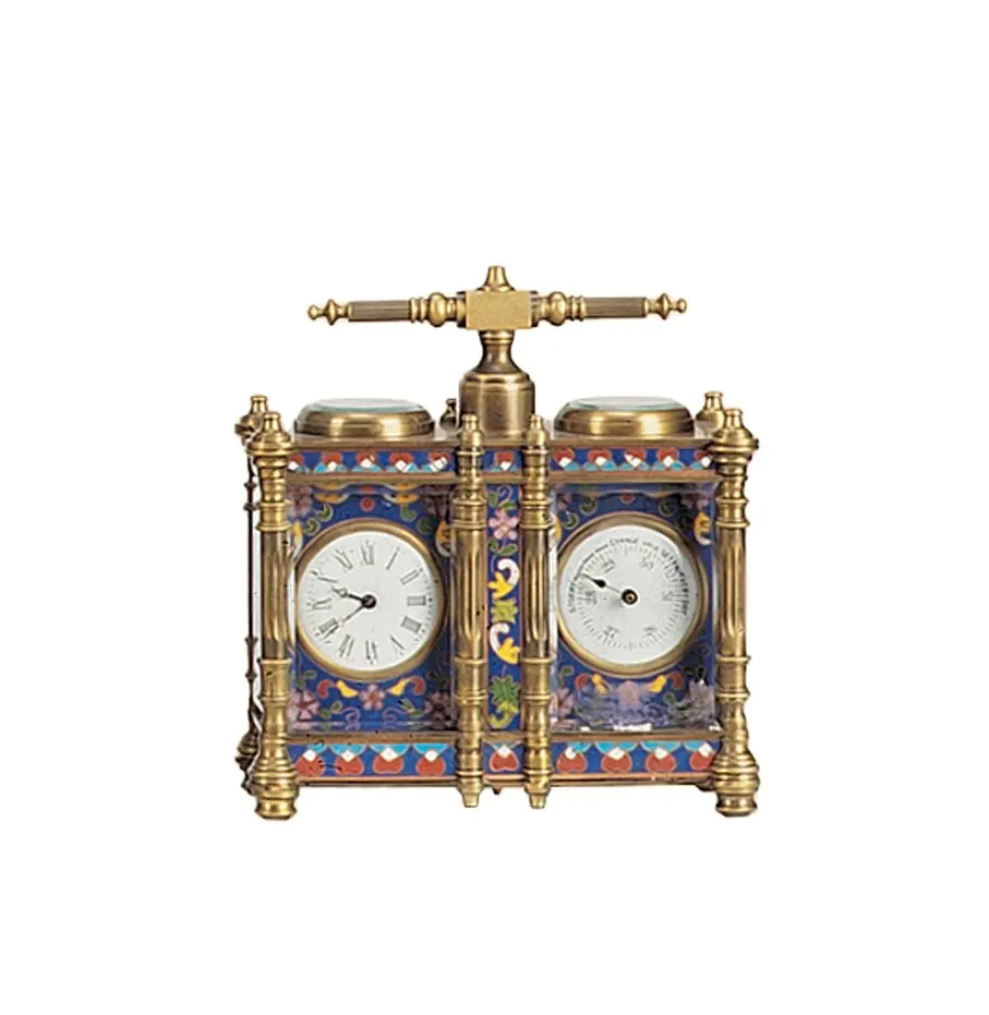 Reloj de viaje de estilo francés en miniatura, higrómetro dorado de latón con cubierta de cielo azul/Flora derecha, esmalte Cloisonne, gemelos