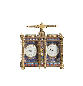 Miniature French Style Gilt Brass Cased Blue Sky/Right Flora Cloisonne Enamel Twins Hygrometer Carriage Travel Clock/Watch