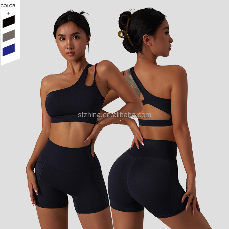 Customizable Quick-drying Tight Yoga Suit Pocket Running Suit Diagonal Shoulder Underwear Shorts Yoga Sets