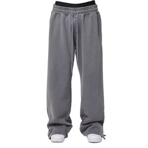 Pantalones de chándal de algodón pesado Boxy Fit estilo Streetwear con borde de corte de dobladillo crudo lavado ácido desteñido por el sol diseño de pierna ancha acampanada - Product Image 4