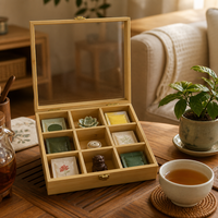 Boîte à thé rectangulaire en bois minimaliste à 9 compartiments avec couvercle transparent anti-poussière pour sachets de thé, petits accessoires et bijoux