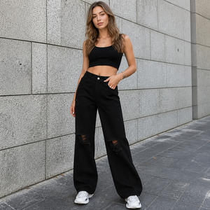 Jeans Negros de Cintura Alta y Pierna Ancha para Mujer, con Detalles de Rodillas Desgastadas, Pantalones Vaqueros Casuales de Corte Holgado - Product Image 3