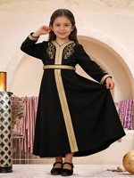Robe longue brodée et imprimée à bordure dorée pour filles, style ethnique moyen-oriental, turc, égyptien