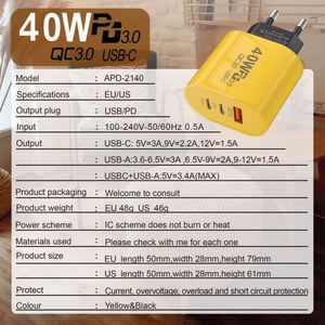 40W Dual PD + <b>USB</b> Fast Charger EU/US Standard <b>Plug</b> Portable <b>Plug</b> 1 <b>USB</b> 2 PD Fast <b>Charging</b> Phone Wall Charger Adapter - Product Image 6