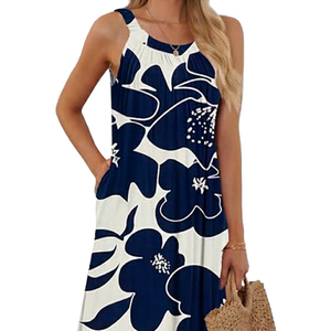 AUSELILY Vestido playero informal de verano para mujer, sin mangas, con cuello halter, estampado floral, con bolsillos, lavable - Product Image 1