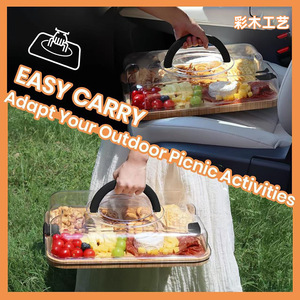 Portable Bamboo Wood <b>Tray</b> With Compartments And Lid For Picnic <b>Snacks</b> Fruit Storage Outdoor Use - Product Image 5