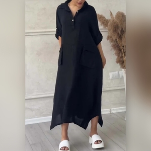 Robes chemises décontractées pour femmes, en coton et lin, couleur unie, avec poche à revers, tendance - Product Image 4