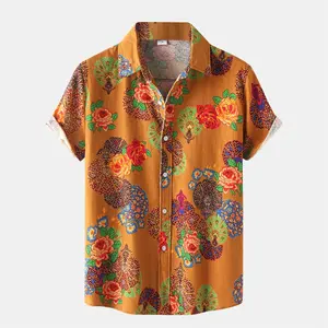 Custom Mens Ethnic Short Sleeve Casual Cotton Geometry Print Hawaiian Shirt Blouse Couple Loose Fit Hawaii Vintage Shirts