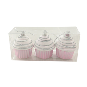 Juego de 3 colgantes con forma de cupcake rosa con purpurina, 5.5x7 H. 16.5 cm - Product Image 1