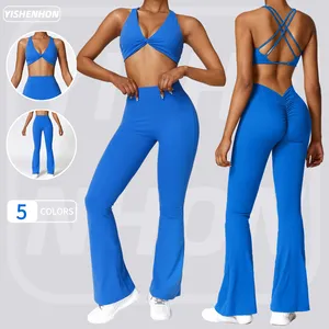 YISHENHON spandex nylon entrenamiento conjunto mujeres personalizado scrunch trasero fitness gimnasio desgaste 2 uds leggings conjunto compresión activa desgaste conjunto