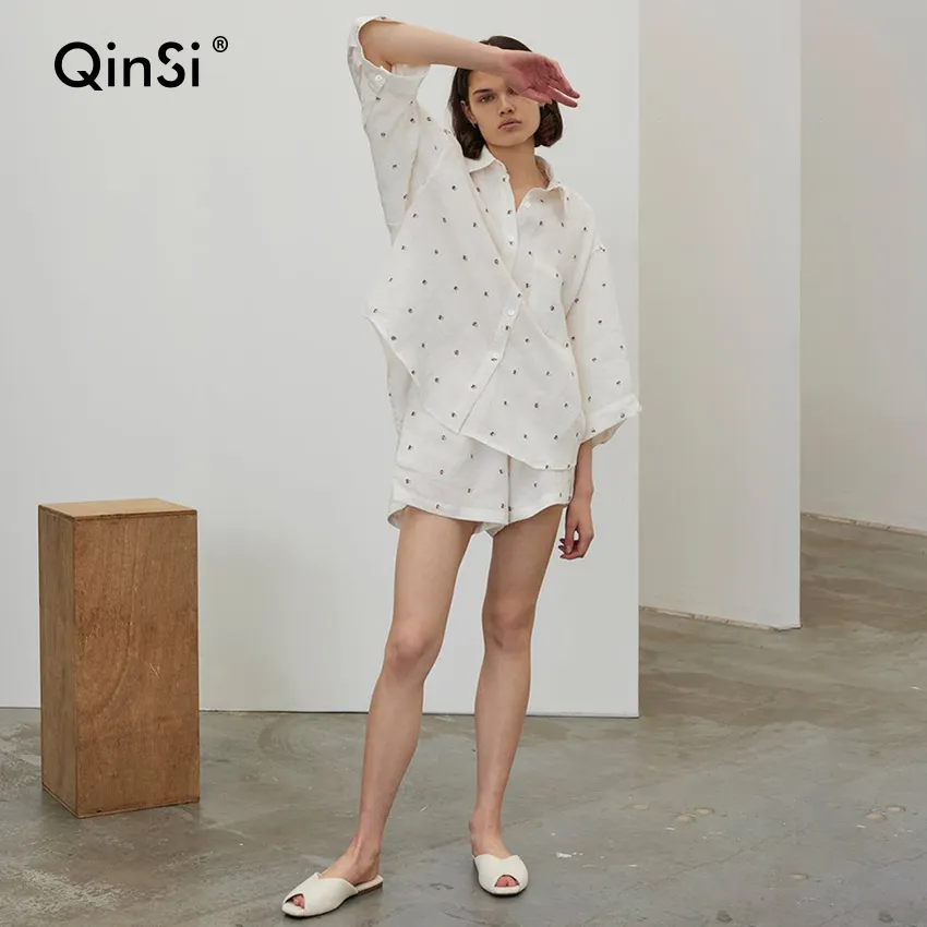 QINSI समर हाफ स्लीव पजामा होम प्रिंट पॉकेट शॉर्ट्स सूट के साथ महिलाओं के लिए नाइटवियर बटन दो पीस सेट 2024 स्लीपवियर