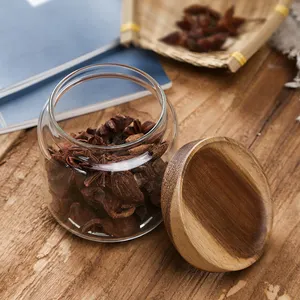 Toples kaca bening penyimpanan pabrik dengan tutup Acacia kedap udara wadah penyimpanan makanan borosilikat untuk penggunaan bumbu dapur