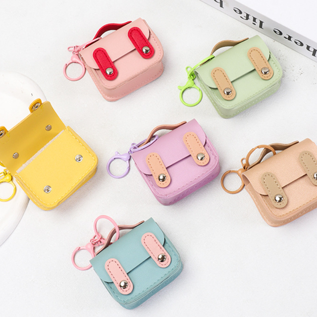Mini Backpack Style PU Leather Earphone Case with Keychain Fashion Headset Case Pastel Color Earbud Pouch for Girls