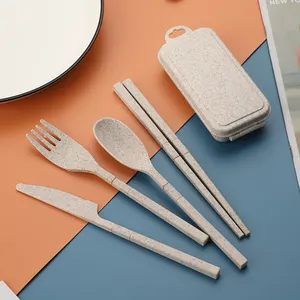 4pcs Stocked Wheat Straw Cutlery Set Suppliers Eco Friendly Reusable Knife Spoon Fork Chopsticks Spoon Set Combination With Box