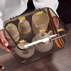 Tea Set Storage Box <b>Rectangle</b> With Lid Stackable For Kung Fu Tea Cups Teapots Transparent Desktop Organizer - Product Image 3