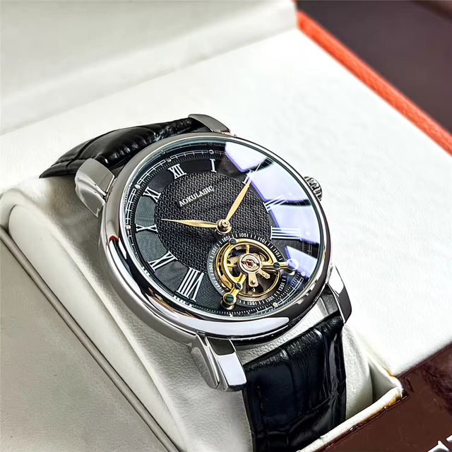 Aokulasic 2192 Waterproof Stainless Steel Leather Trendy Timing Tourbillon Fashion Business Hollow Automatic Mechanical Watch