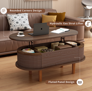 Mesa de Centro con Tapa Elevable y Compartimento Oculto, Mesa de Centro de Madera Moderna con Tapa Elevable Ovalada, Muebles Ecológicos para Sala de Estar - Product Image 5
