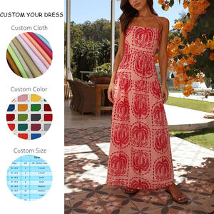 थोक अनुकूलित महिलाएं कैजुअल समर-लाइन सस्ते स्लीवलेस मुद्रित लाल बैकलेस हैवीयन स्टाइल हैल्टर मैक्सी ड्रेस बेल्ट के साथ - Product Image 2