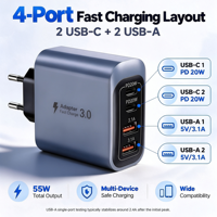 Chargeur mural USB 4 ports 55W, adaptateur secteur à charge rapide PD+QC, prise EU/US, bloc de charge multi-ports pour smartphones et tablettes
