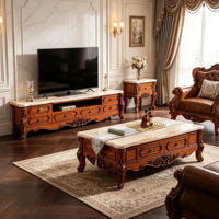 Ensemble de meubles de salon en bois massif sculpté à la main, style rétro européen, avec table basse et meuble TV à plateau en marbre, vente en gros