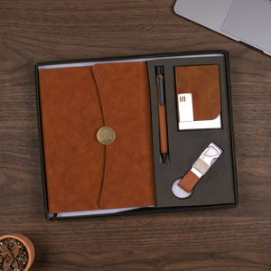 Leather A4 Organizer Planner With Pen Card Holder Keychain Gift <b>Set</b> Hardcover Brown Office Pen Keyring Business Promotions Gift - Product Image 2
