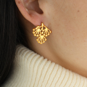 Gold Pine Branch Stud Earrings <b>Titanium</b> Steel Plant Design Party Fashion Jewelry EH198 - Product Image 3