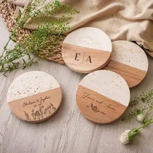 Custom Engraved Coaster Set Personalized Wood and Travertine Marble Coasters for Wedding Housewarming Holiday Gifts